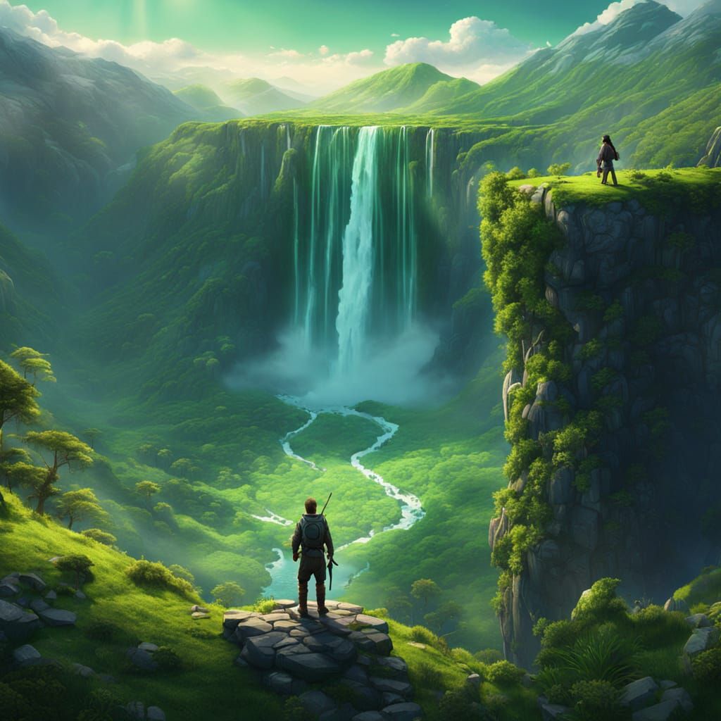 Epic Waterfall Valley View From Mountain Top Matte Painting