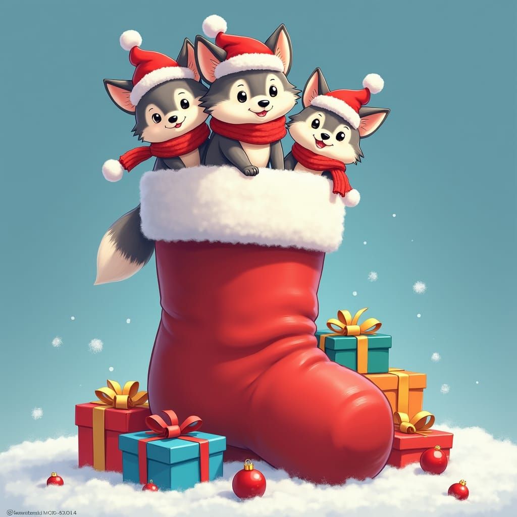 Stacked Wolves in Christmas Stocking, Anime Style
