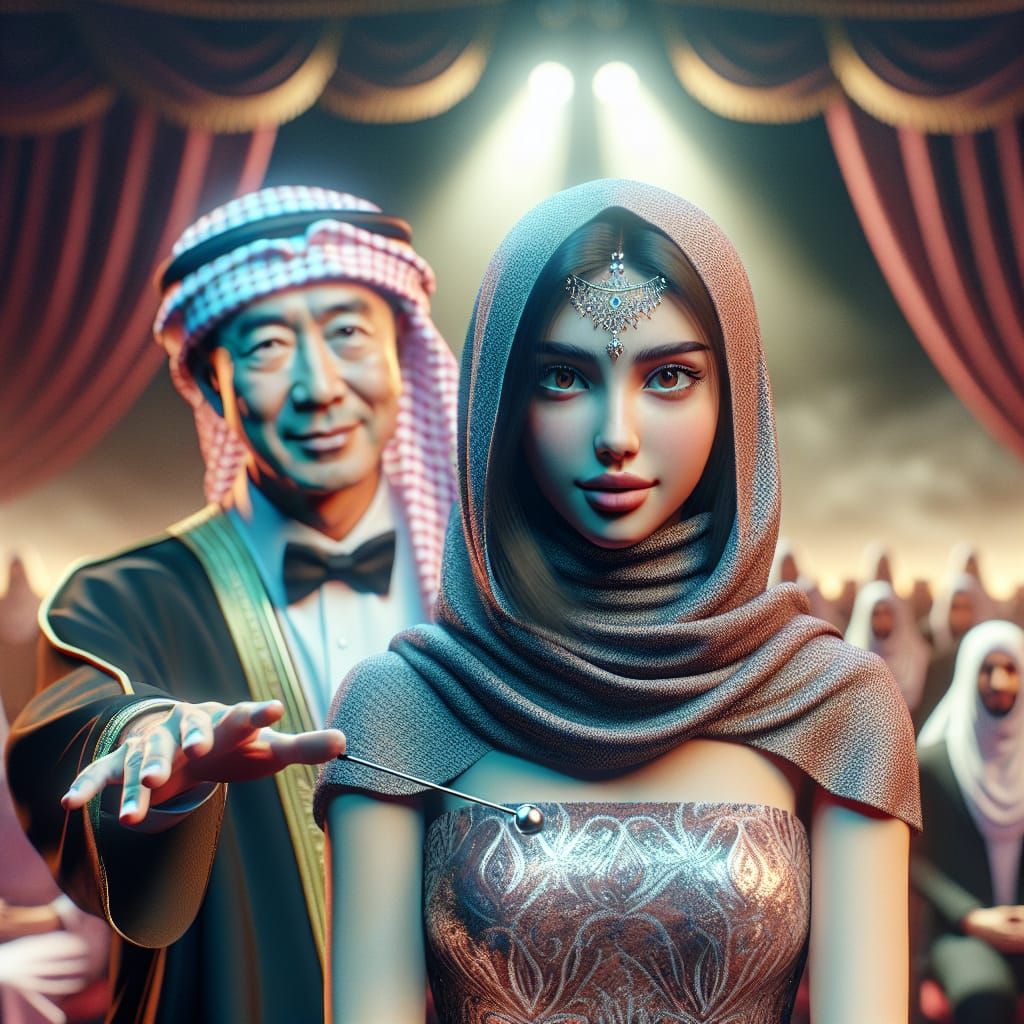 Arabian Girl in Stage Hypnosis Show, Hyperrealistic Style