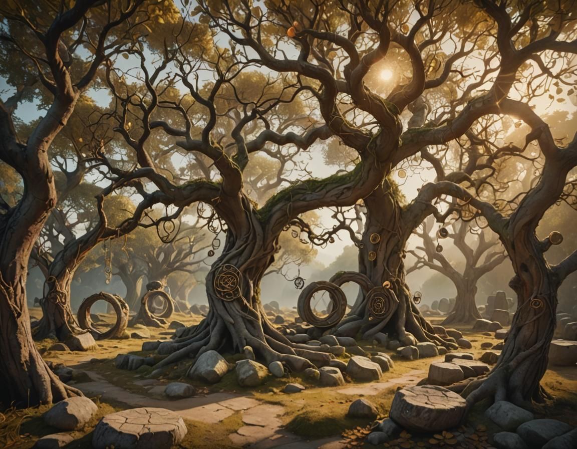 Mystical Stone Circles in Golden Light, Digital Art