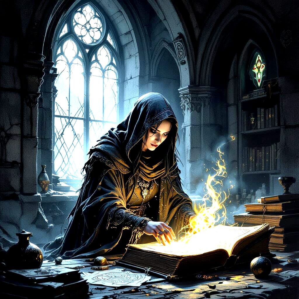 Sorceress in Gothic Tower with Magical Book