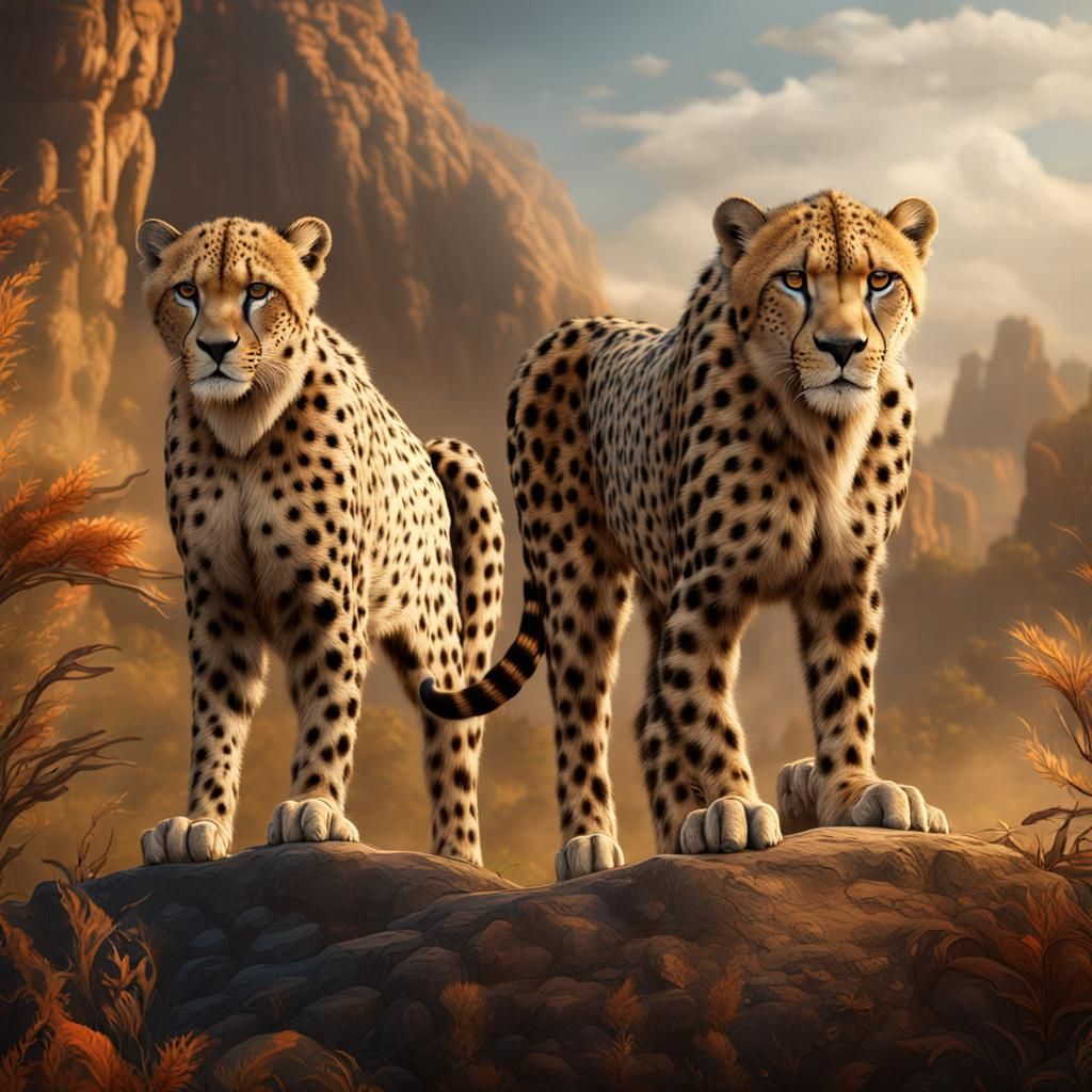 Cheetahs Challenge Lion in Detailed Fantasy Art