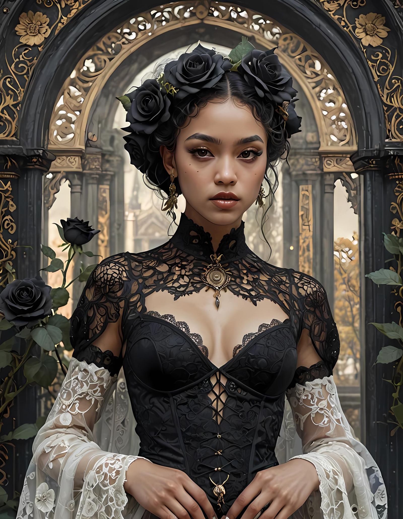 Gothic Goddess in Black Lace with Roses