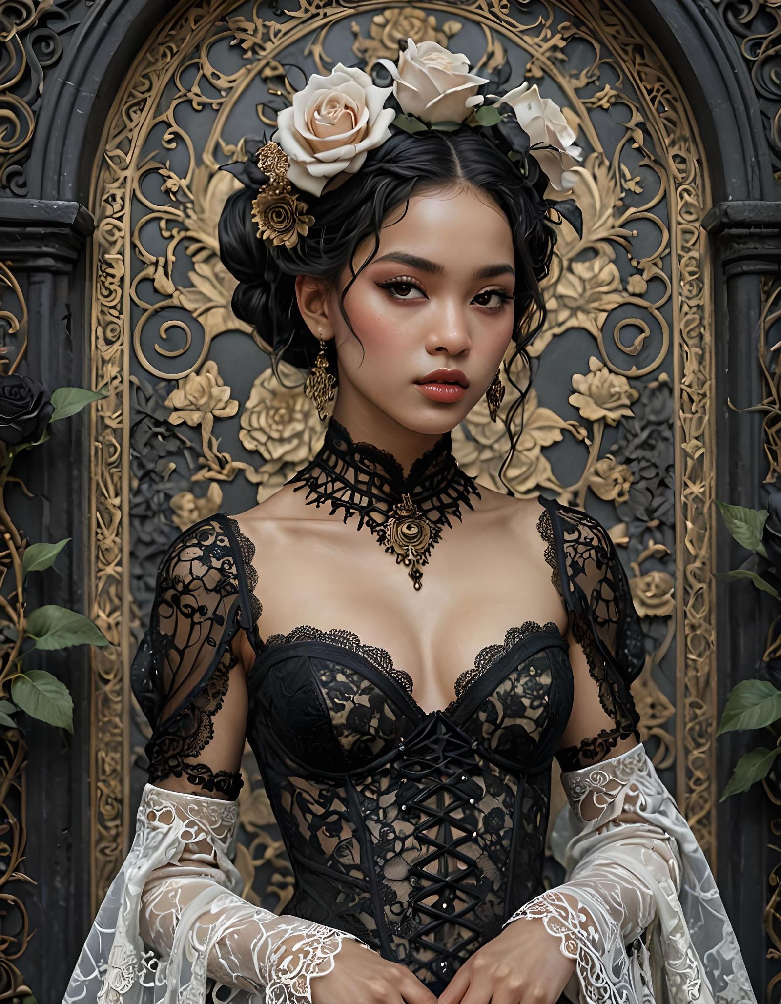 Gothic Goddess in Black Lace, Hyperdetailed Portrait