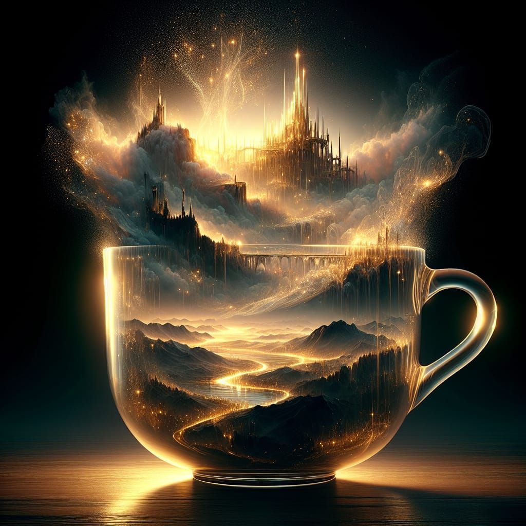 Ethereal Landscape Inside Teacup: Hypermaximalism Style