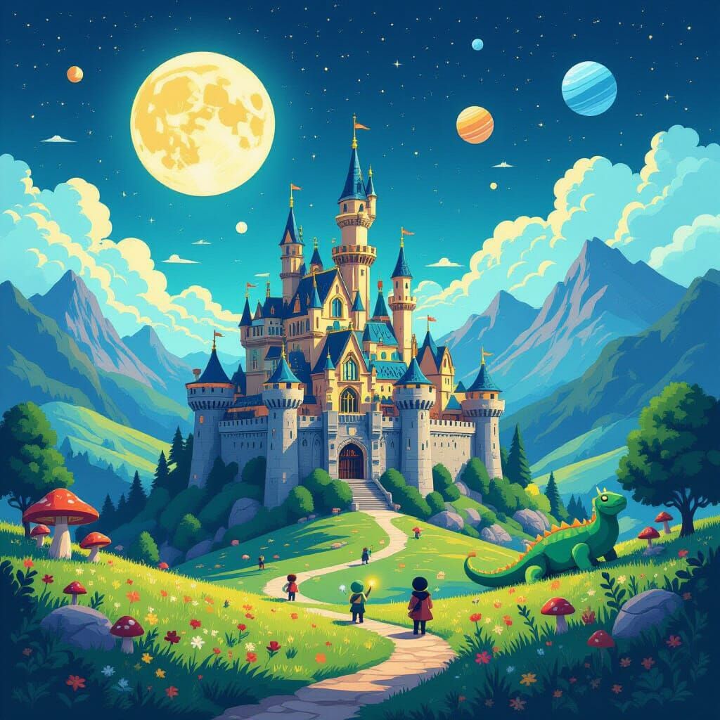 Pixel Art Medieval Castle Under Starry Night