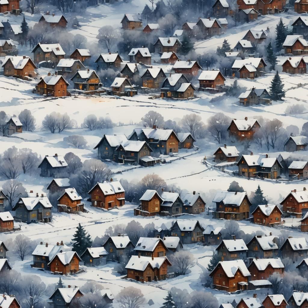 Watercolor Painting of Snowy Town in Winter