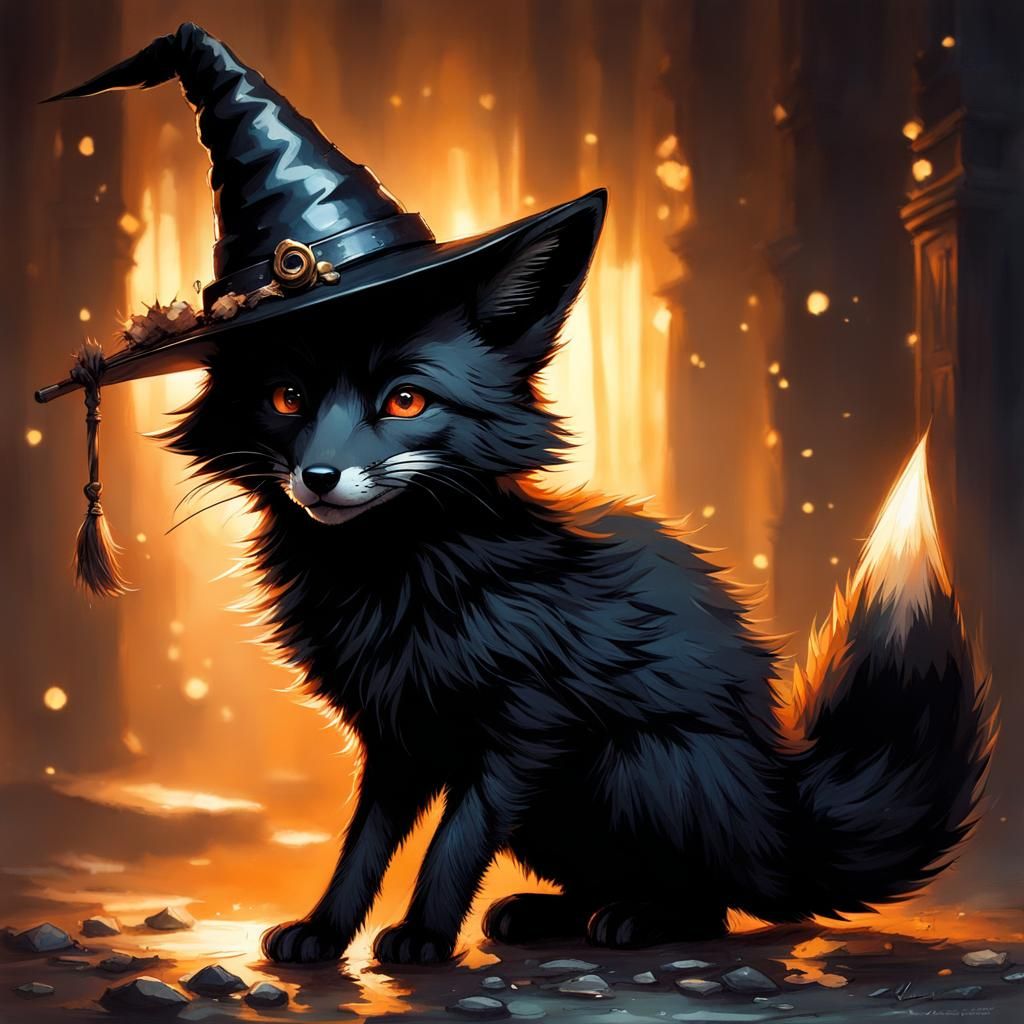 Whimsical Black Fox Witch with Wand