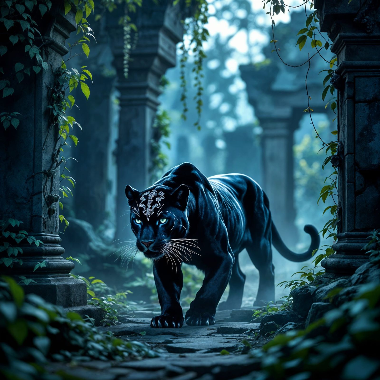 Majestic Black Panther in Ancient Temple Ruins