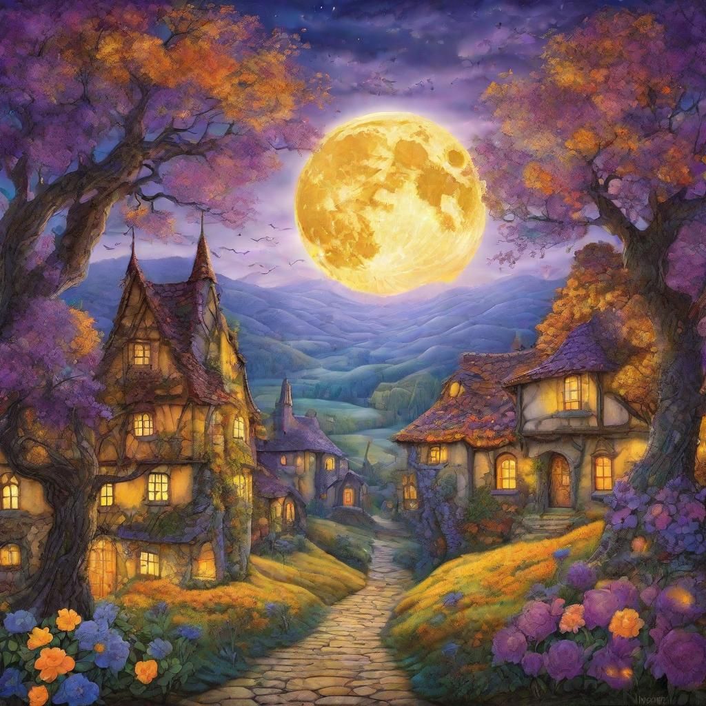 Fantasy Village Under Moonlight: A Detailed Matte Painting