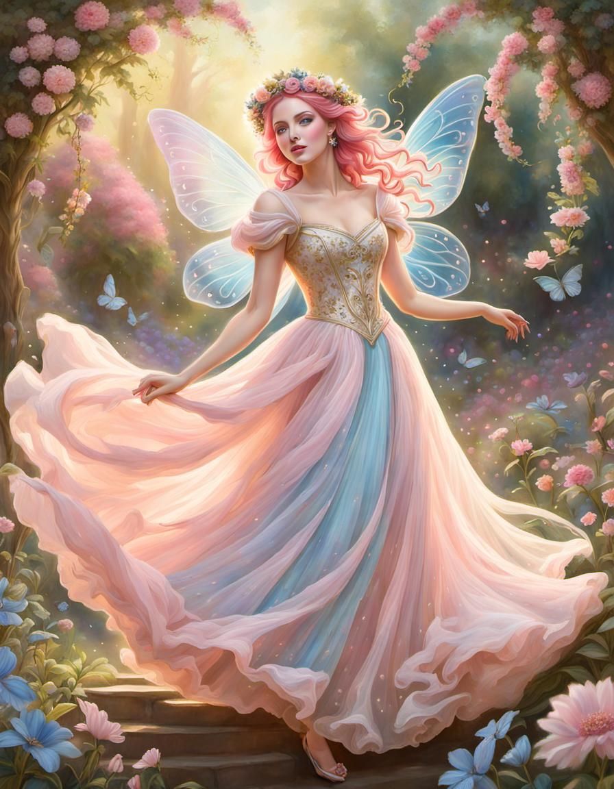 Dreamy Fairy Princess Dancing in Flower Garden