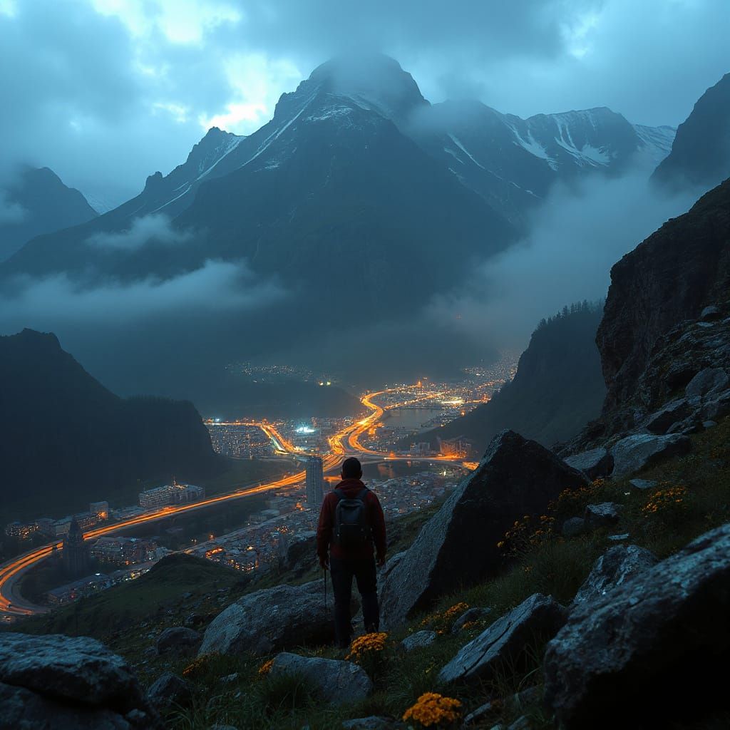 Mountain Village in Misty Twilight
