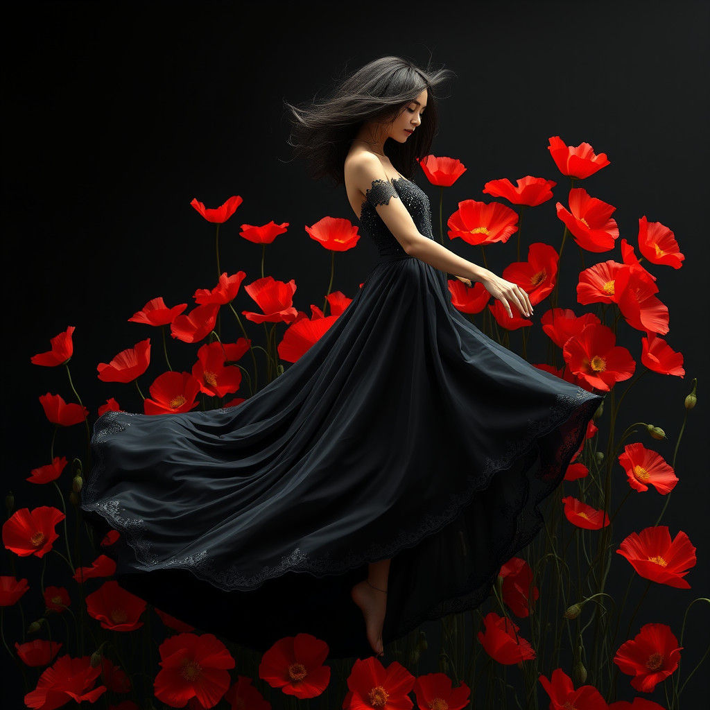 Ethereal Dancer in Red Poppy Field: Fantasy Art