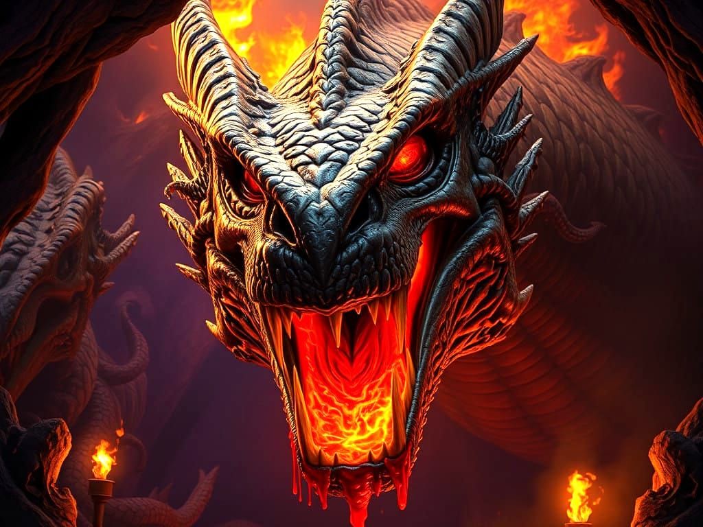 Majestic Dragon's Fierce Maw in Dark, Mystic Cave
