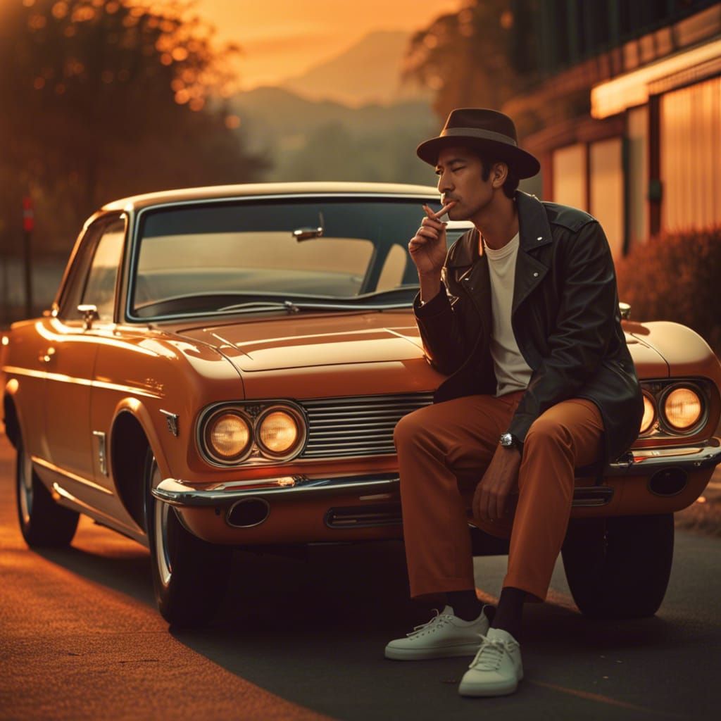 Retro Man Smoking by Car at Sunset