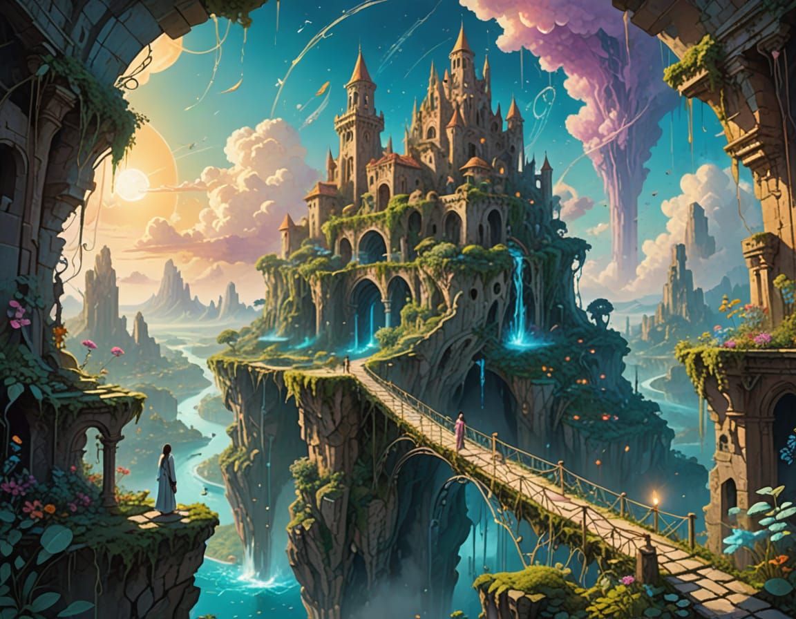 Shattered Sky-City with Ethereal Flora and Energy Bridges