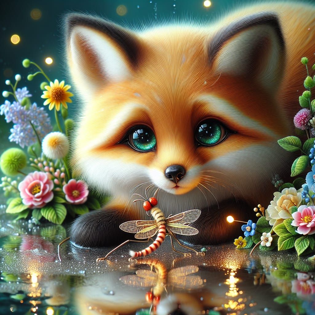 Charming Baby Fox Chasing Firefly in Rain