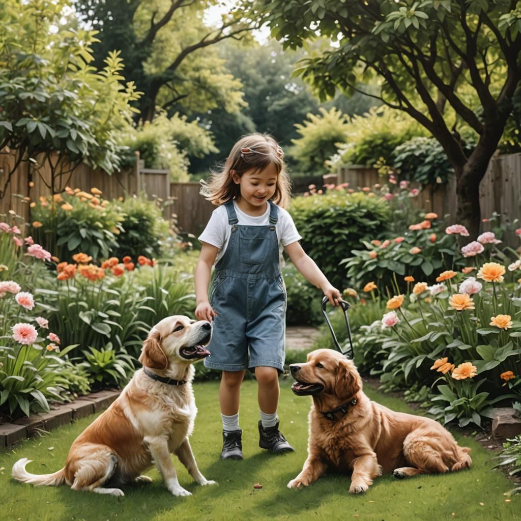 Children and Dog Playing in a Sunny Garden