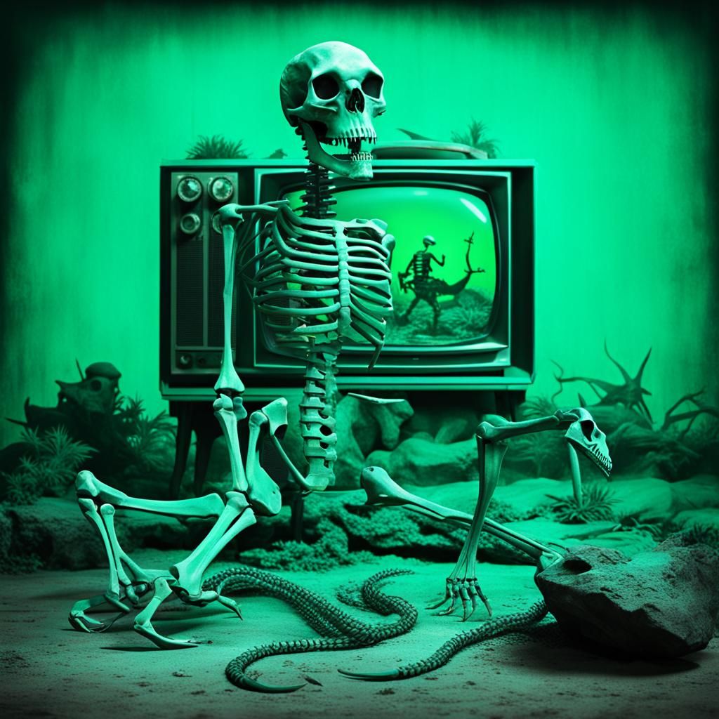 Teal Dinosaur Skeleton with Vintage TV