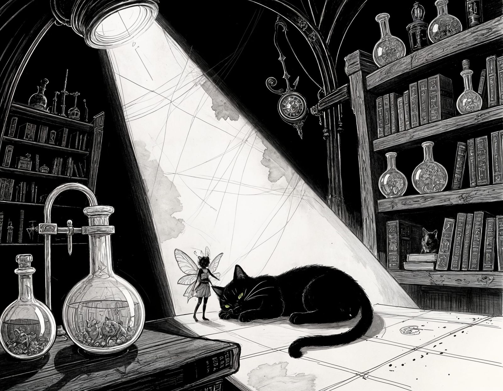 Darkest Dungeon Style Fairy and Black Cat in Magical Lab