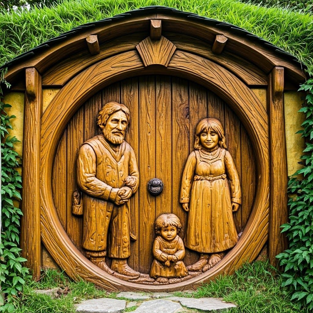 Hyperrealistic Hobbit Home Entrance with Wooden Mosaic