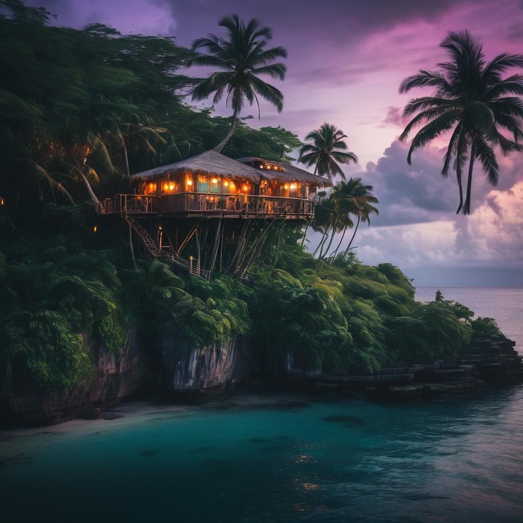 Cozy Island Treehouse at Sunset in Polaroid Style