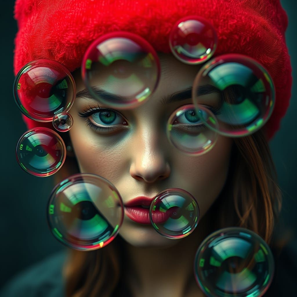 Woman in Red Foam Hat with Reflective Bubbles