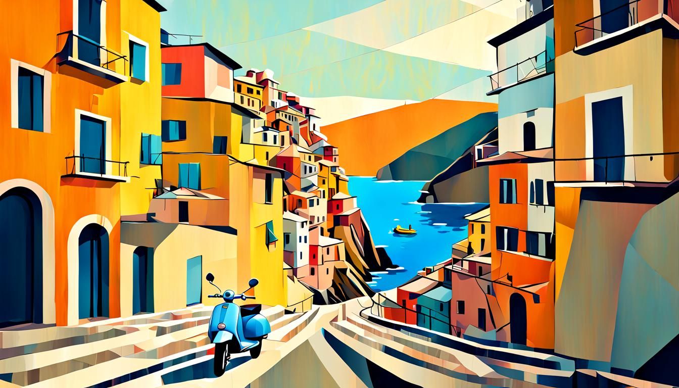 Cinque Terre Cubist Painting with Vespa and Yachts
