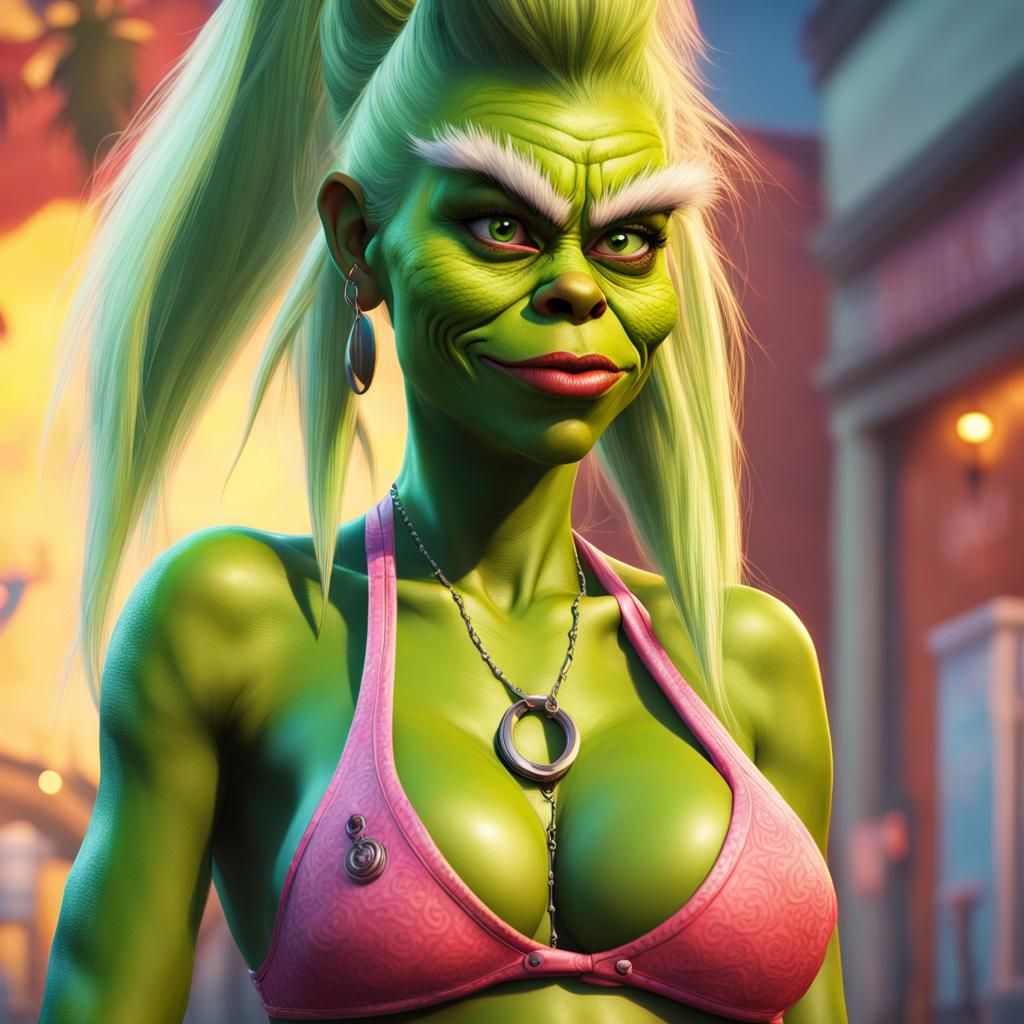 Grinch Girl Bikini Portrait in Splash Art Style