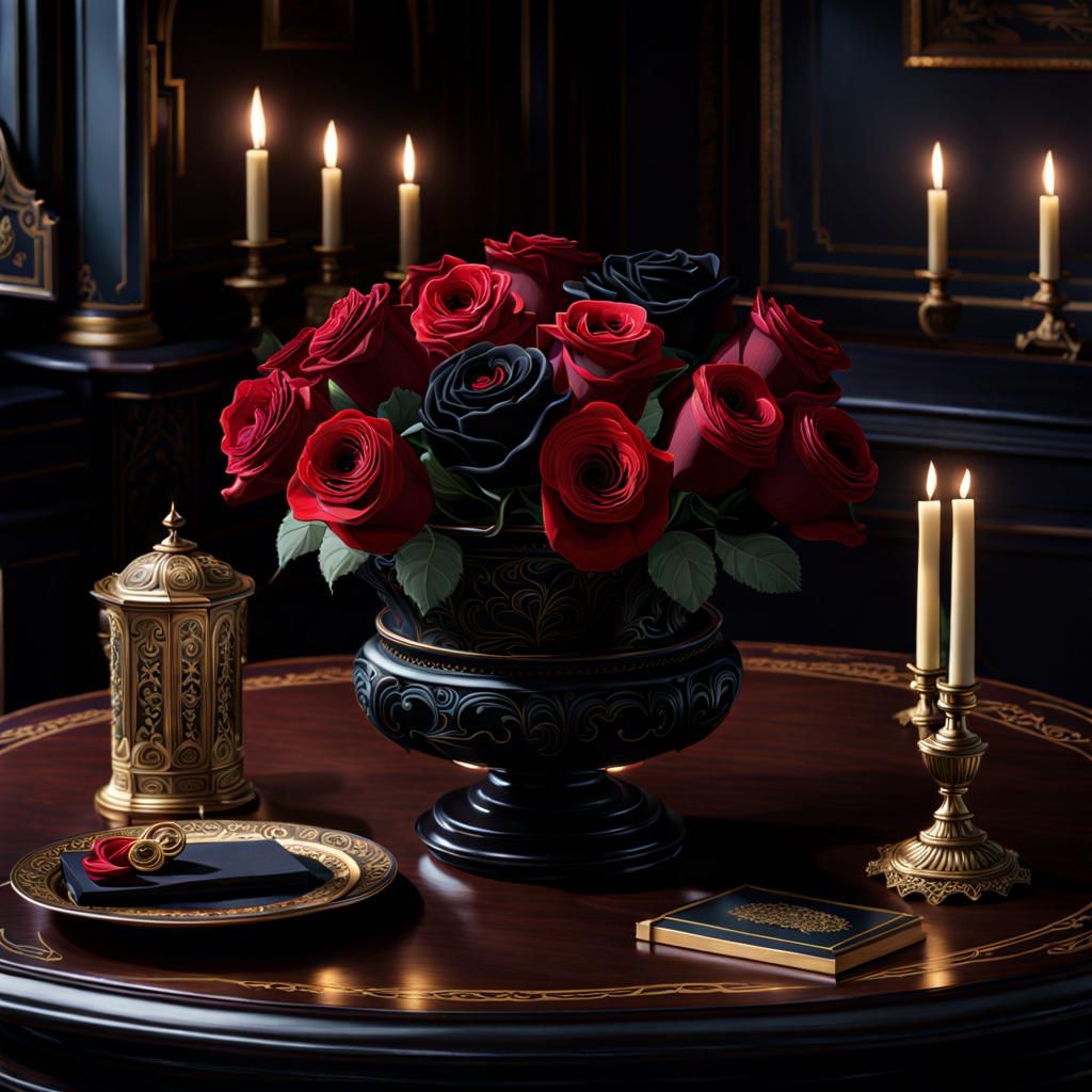 Victorian Black Roses and Chocolates in Gouache