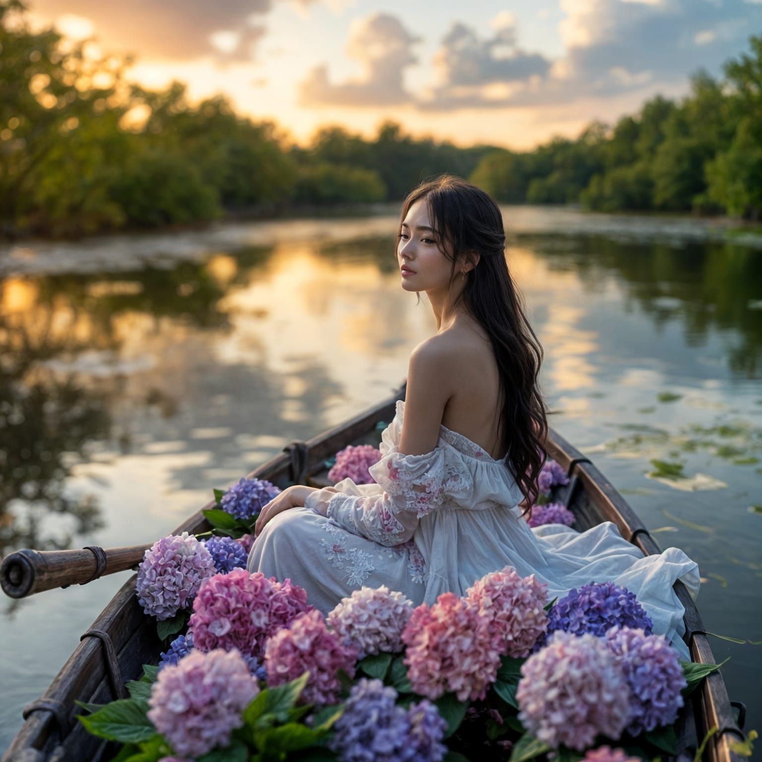 Woman in Boat with Hydrangeas at Sunset