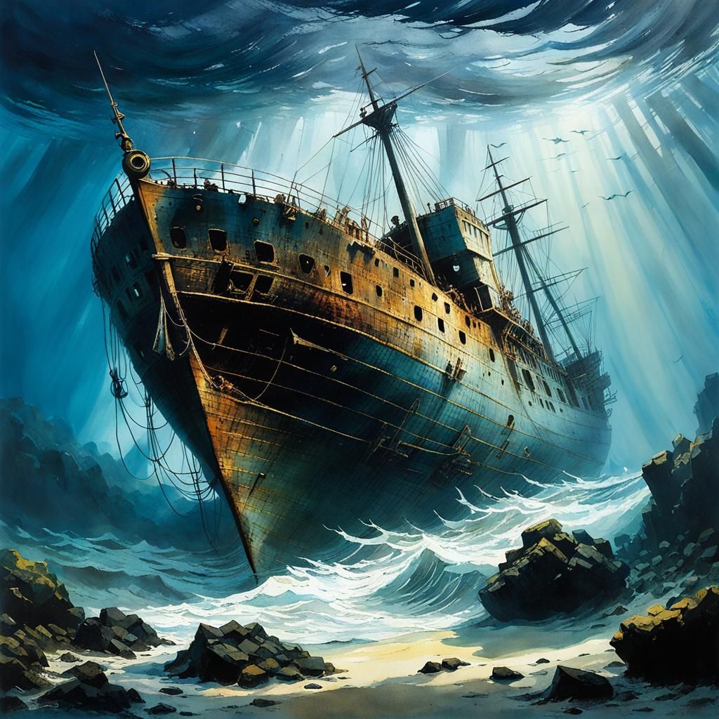 Detailed Underwater Shipwreck in Watercolor Style