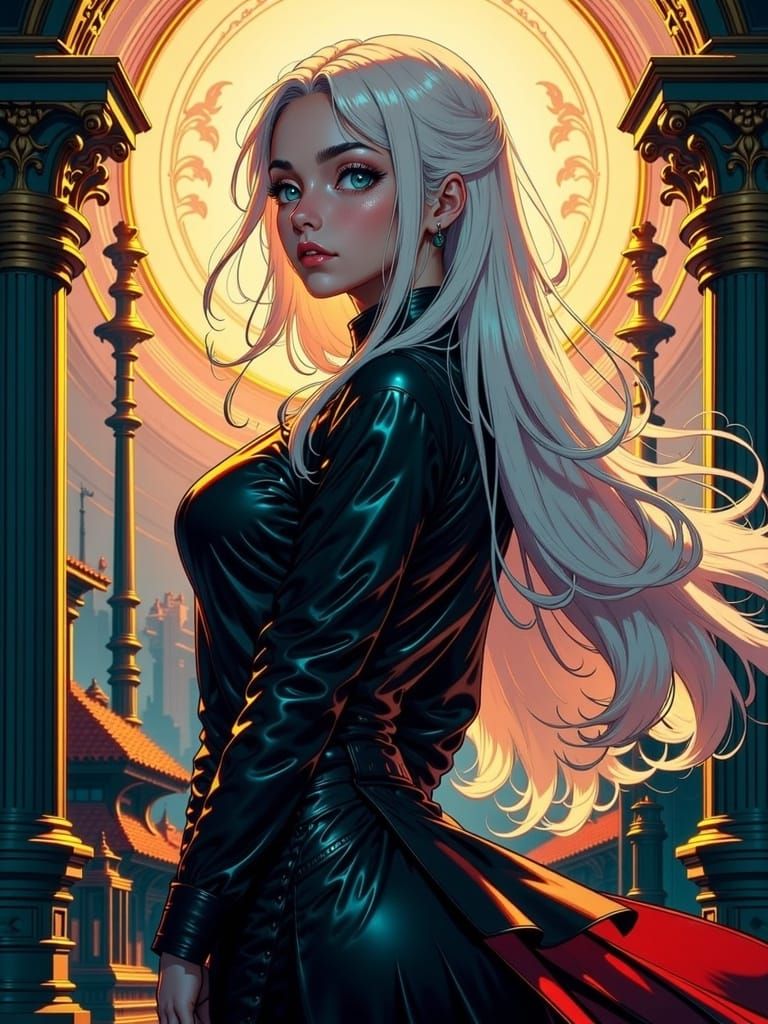 Steampunk City Portrait in Anime Art Deco Style