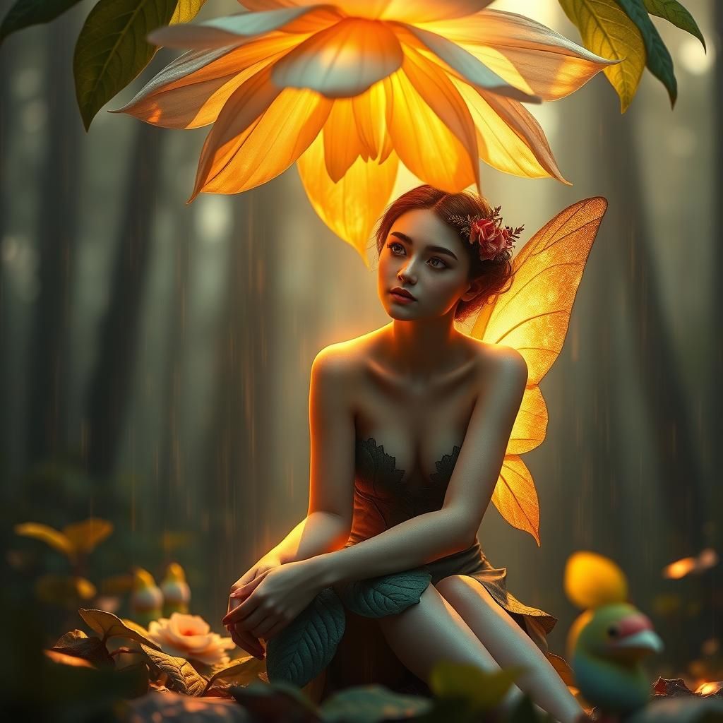 Ethereal Flower Fairy in Misty Woods
