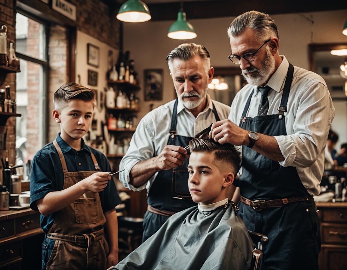 Old Barber with Son and Apprentice in Sharp Focus