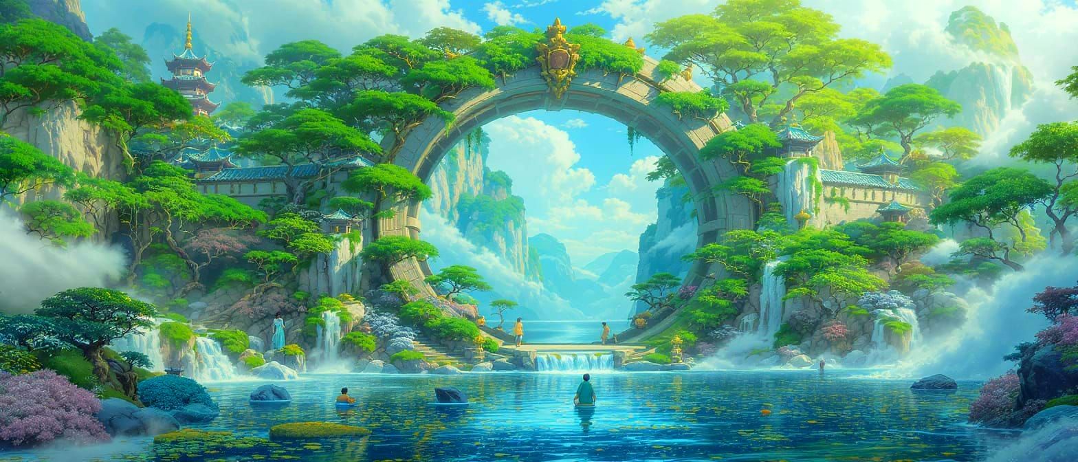 Fantasy Landscape with Circular Portal: Ghibli-esque Digital...