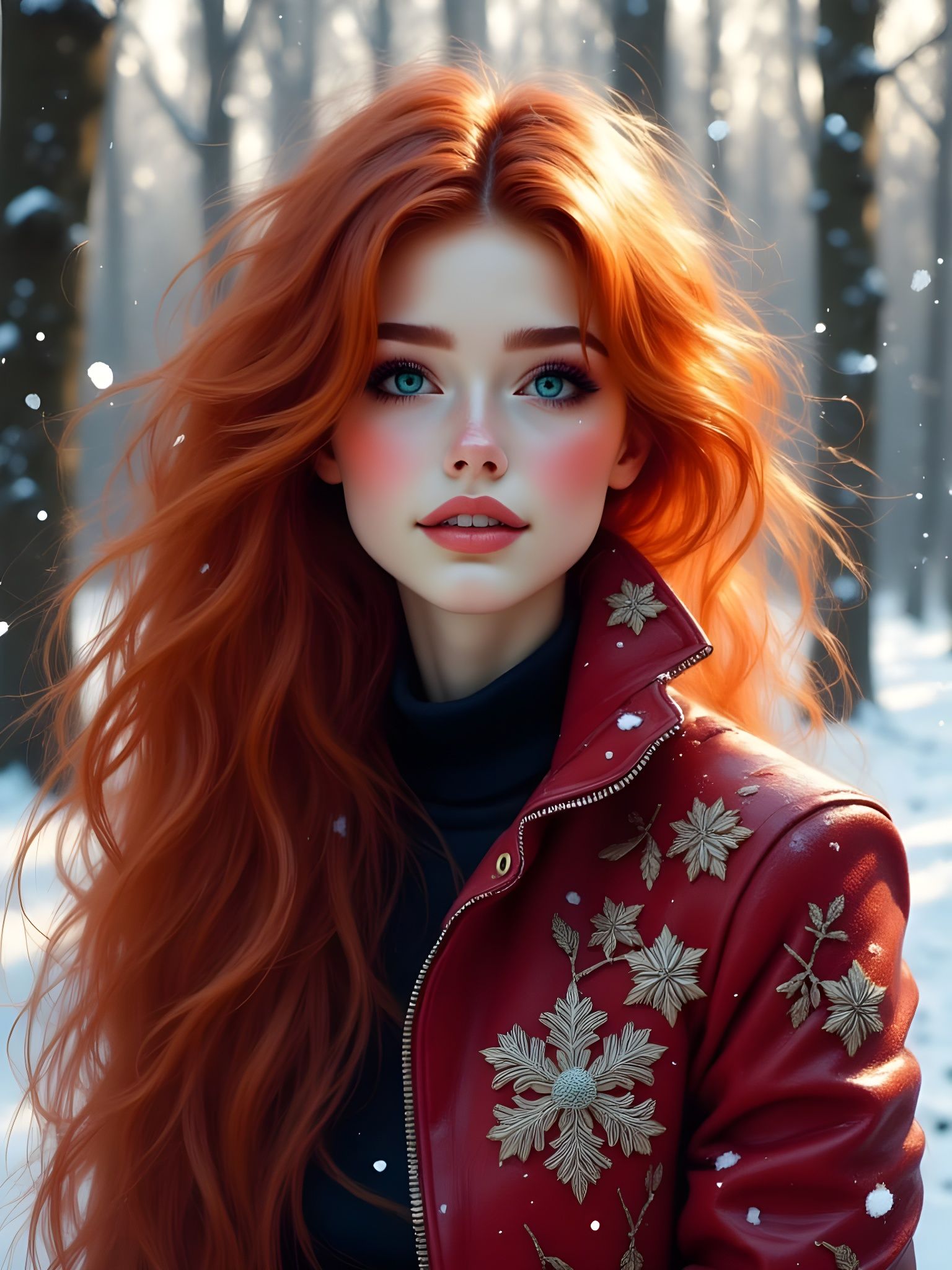 Stunning Red-Haired Beauty in Enchanted Winter Wonderland