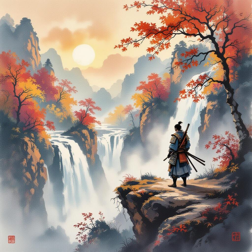 Samurai Overlooking Autumn Forest and Waterfall in Ink Wash ...
