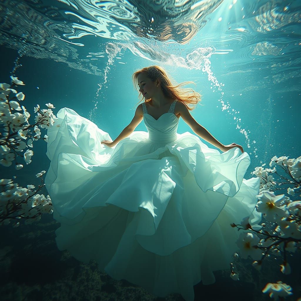 Ethereal Underwater Bride in Swirling Gown with Blossoms