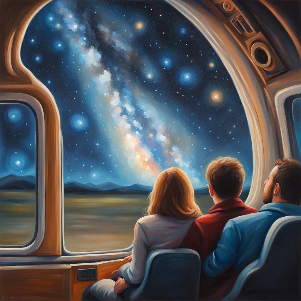 Couple in Rocket Gazing at Milky Way: Oil Painting