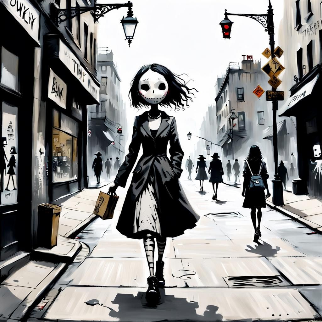 Girl in City Street, Burton and Banksy Style