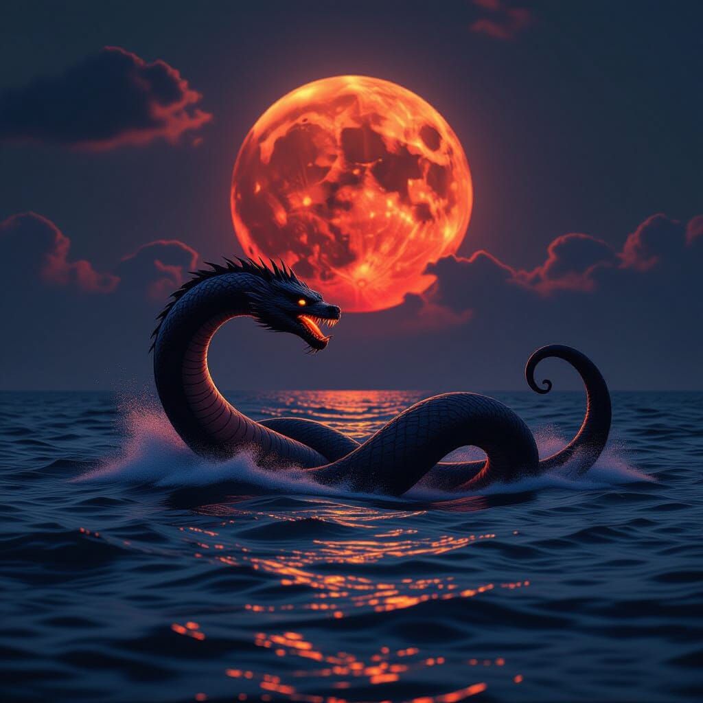 Giant Sea Serpent Under Blood Moon