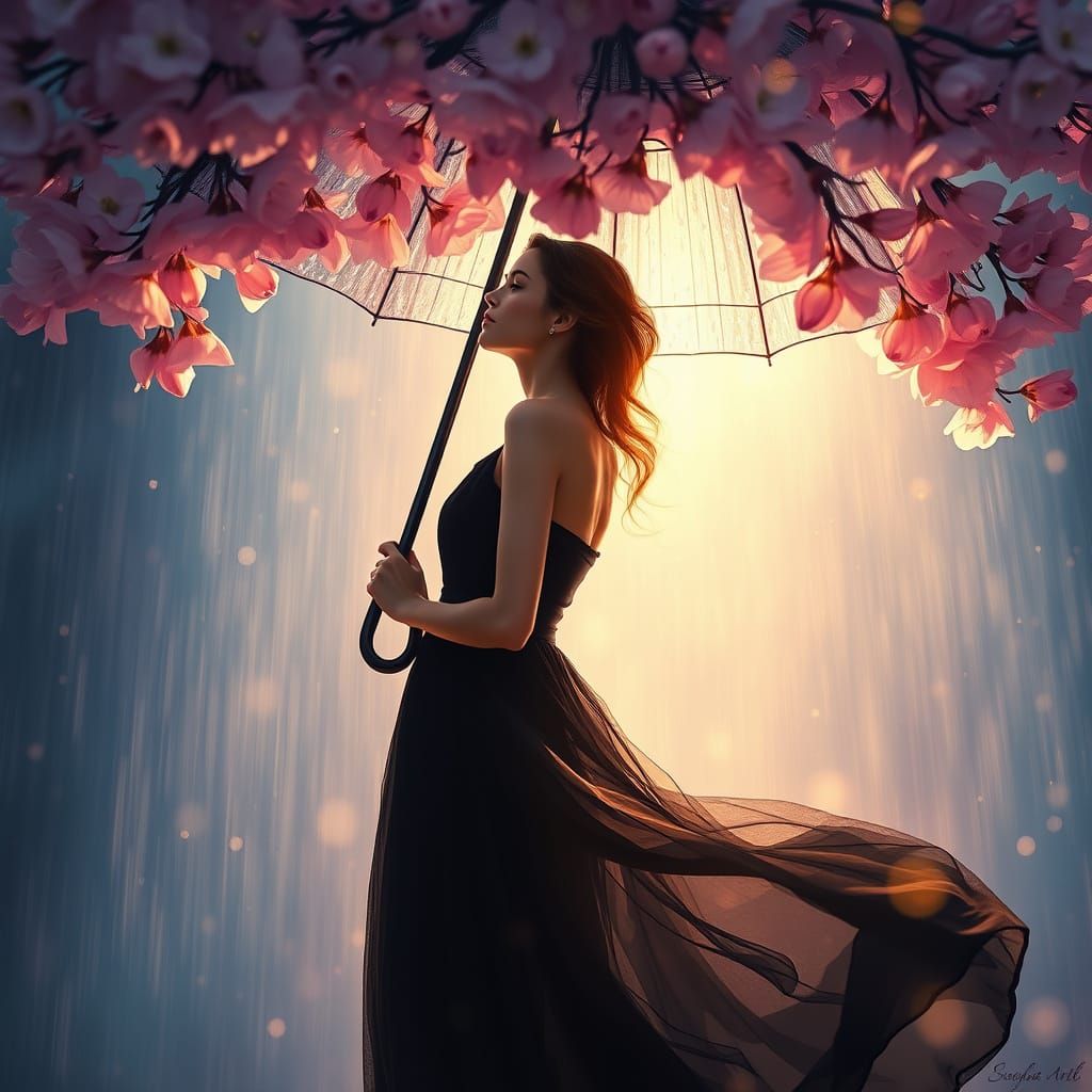 Woman Under Blossom Umbrella with Cinematic Light