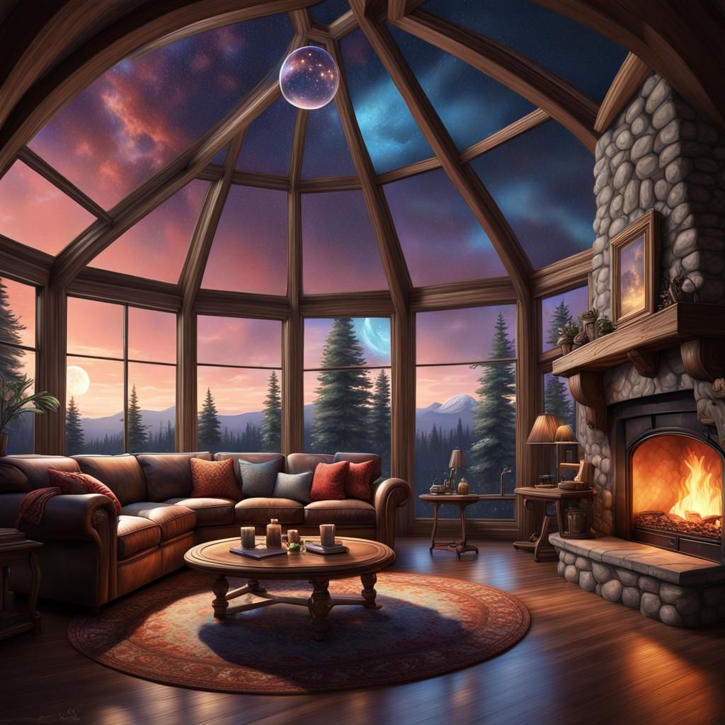 Cabin Home with Moonlit Sky: Hyperrealistic Splash Art