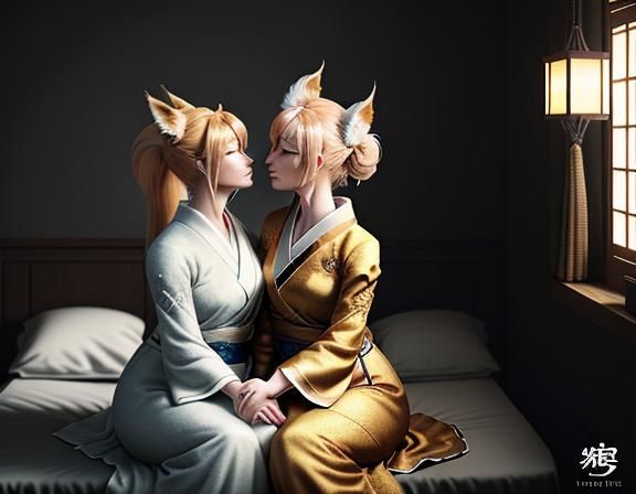 Romantic Kitsune Kiss in Manga Style