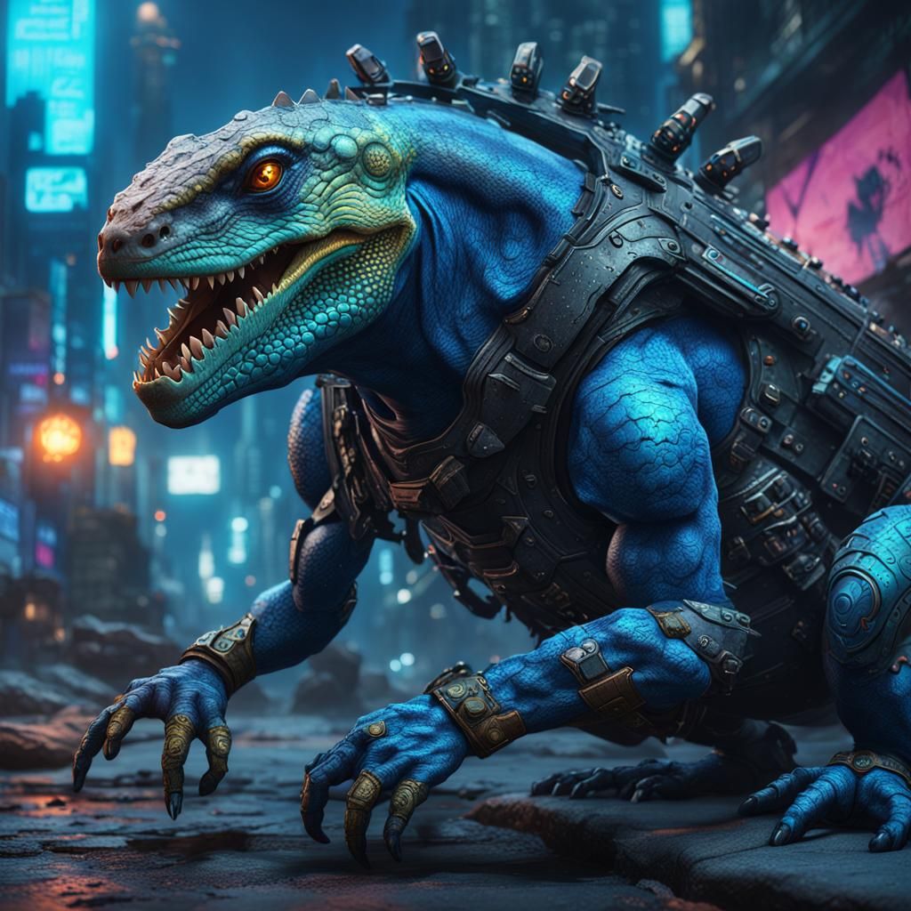 Cyberpunk Lizardfolk Wallcrawler in Detailed Matte Painting