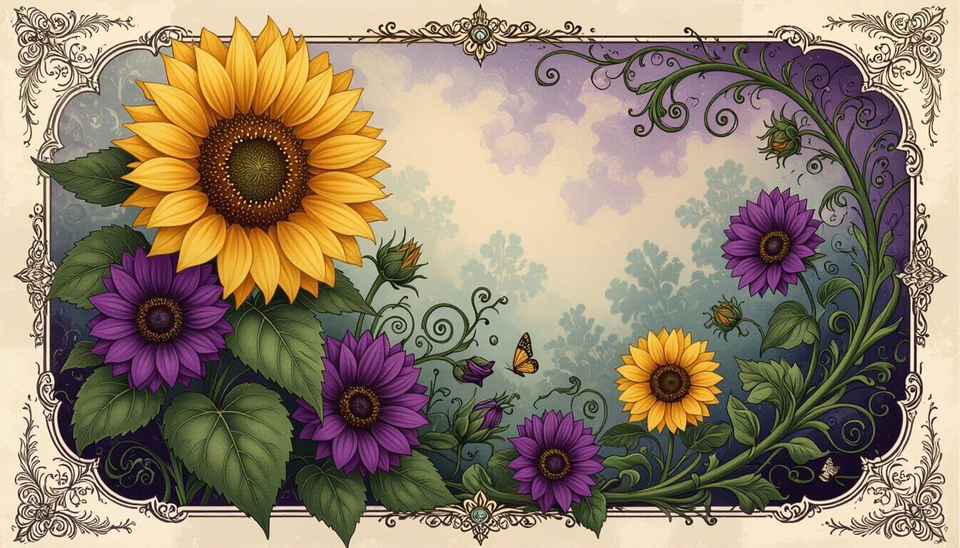 Gothic Botanical Sunflower Illustration with Mystical Elemen...
