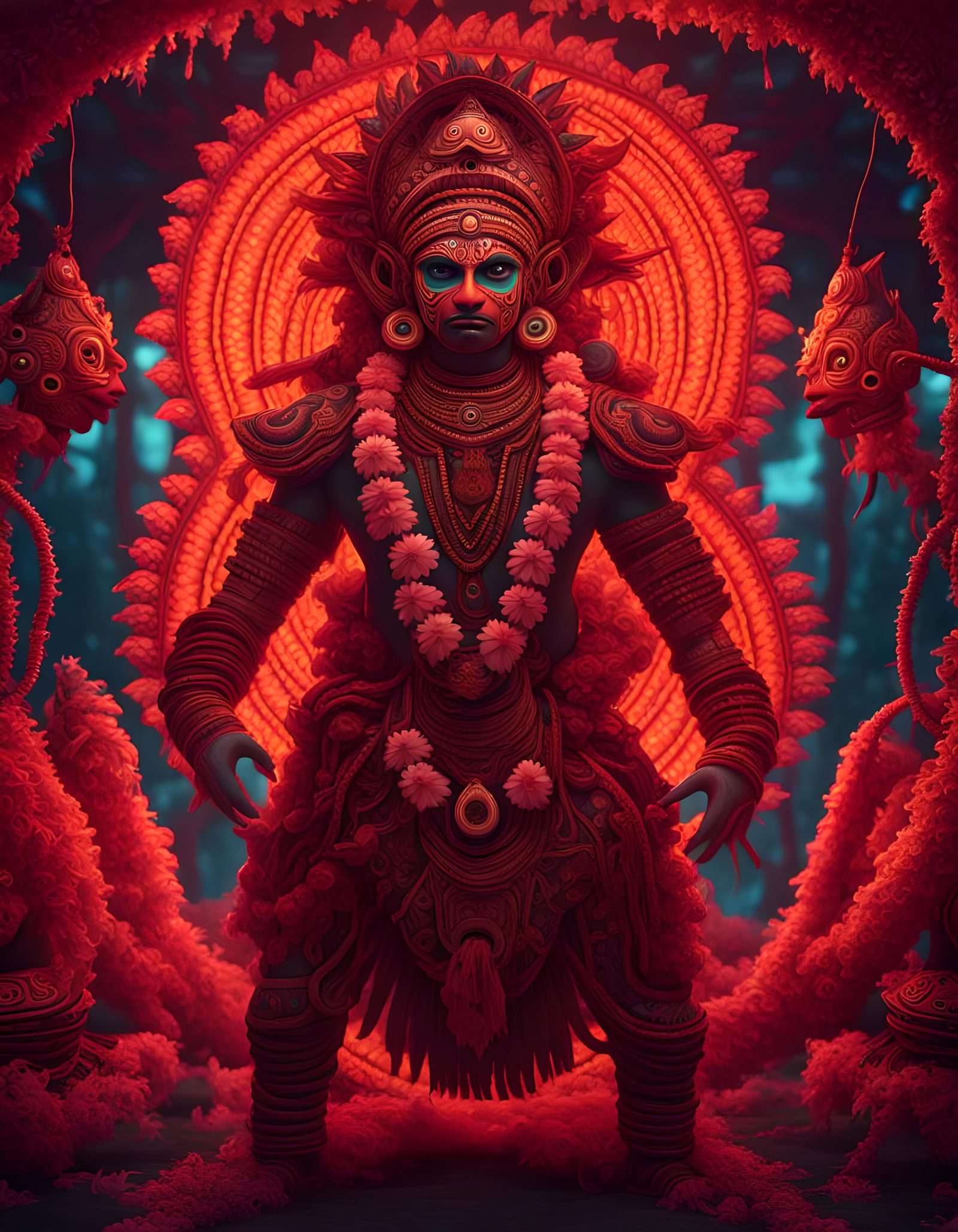 A psychedelic trippy Indian theyyam ritual dance in the centre of crawling dark fantasy creatures , psychedelic trippy p...
