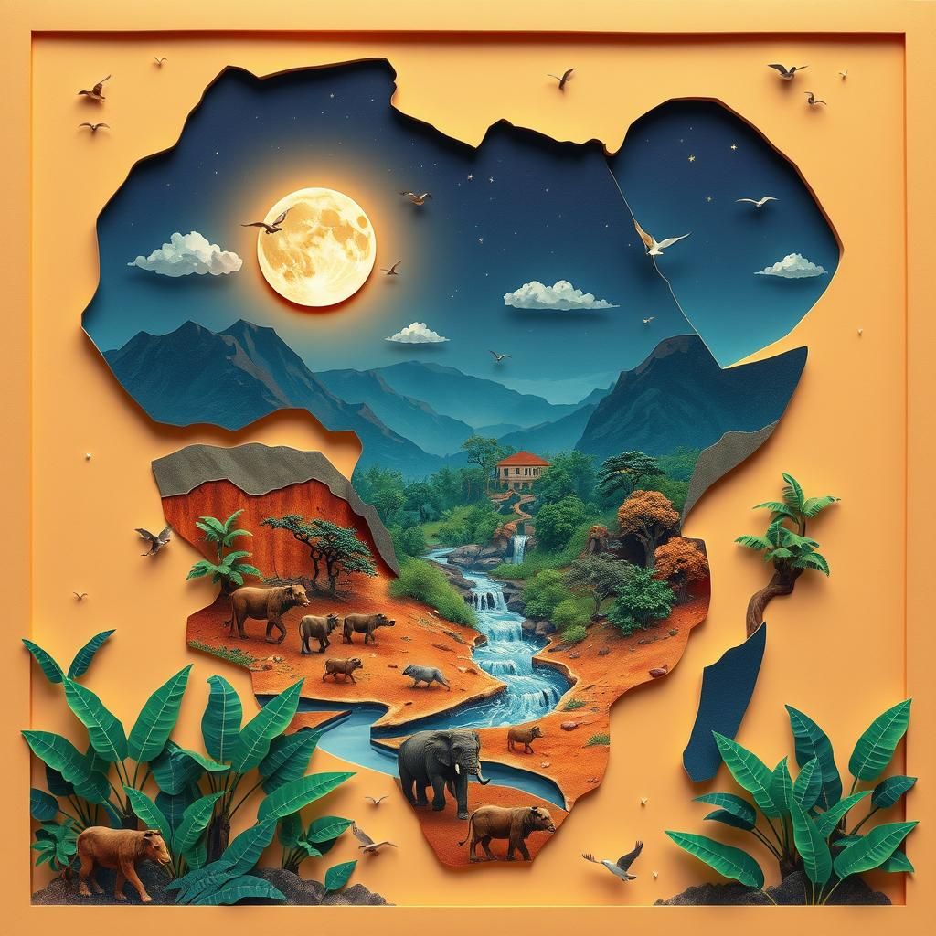 African Map Paper Cut Art in Watercolor Style
