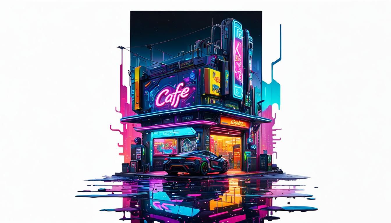Cyberpunk Cafe Neon Nightscape in Digital Art Style